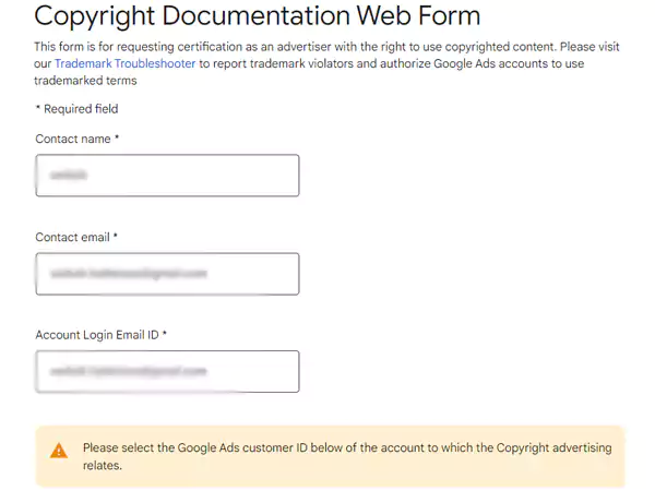 Copyright Documentation Web Form