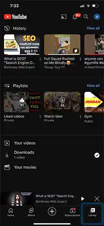 Access the video in the Library or Downloads section of the YouTube app
