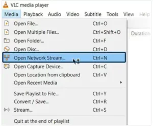 Select ‘Open Network Stream’ from the Media menu or click ‘CTRL + N.’