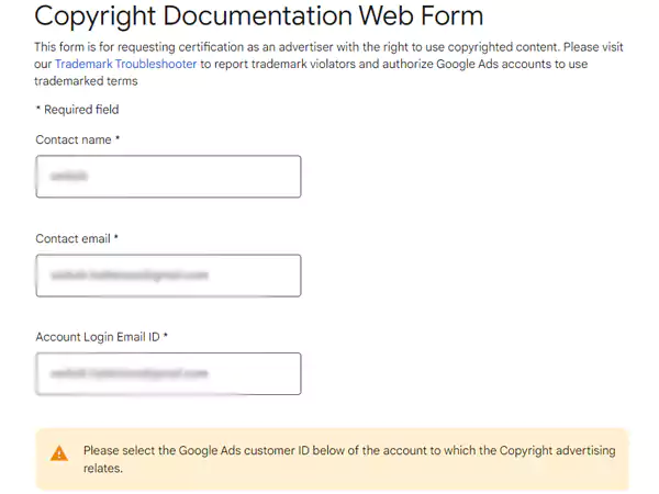 copyright web document form