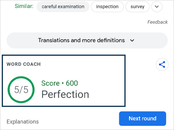 Final score of word coach for one level