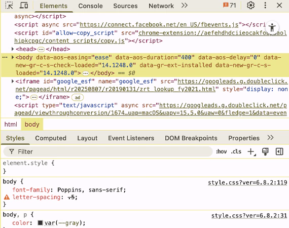 HTML structure of the site