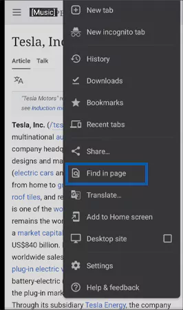 Tap on Find in page