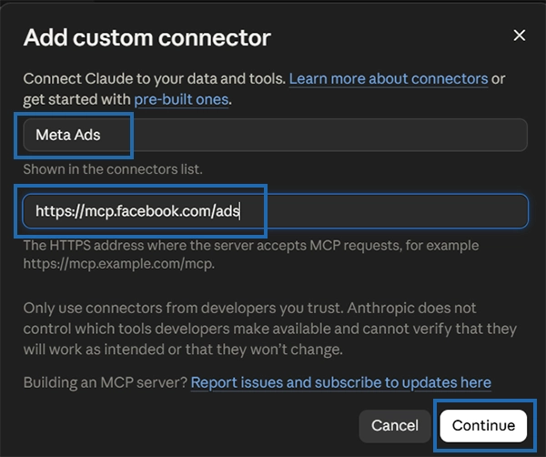 Add the Meta Ads MCP URL
