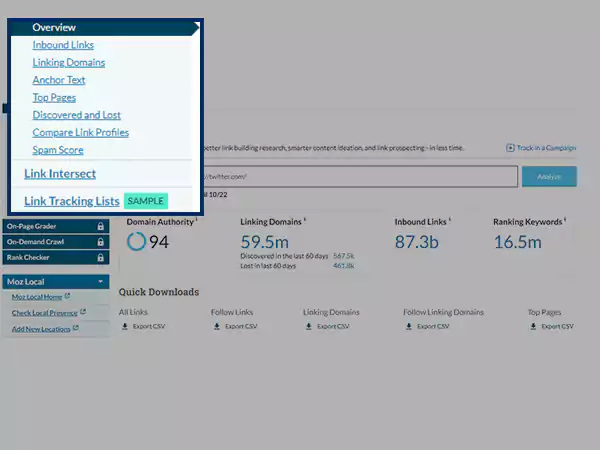 Moz Link Explorer overview dashboard