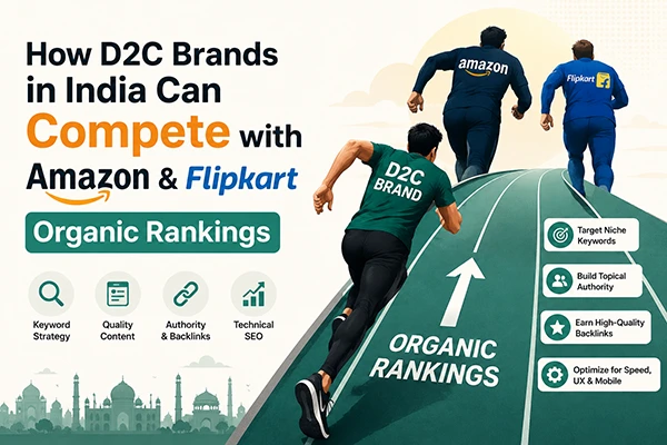 Illustration of a D2C brand using SEO to compete with Amazon and Flipkart in Delhi India